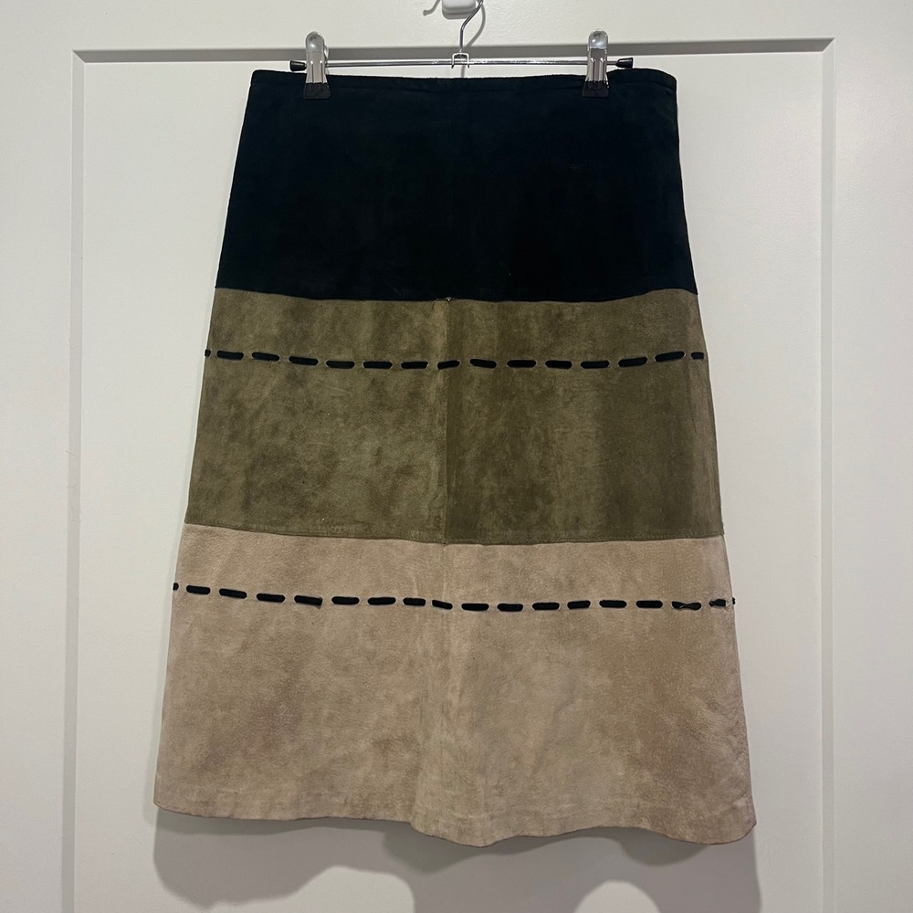 Sorbe Suede Leather Colorblock Midi Skirt Black Green Tan Whipstitch Size Small